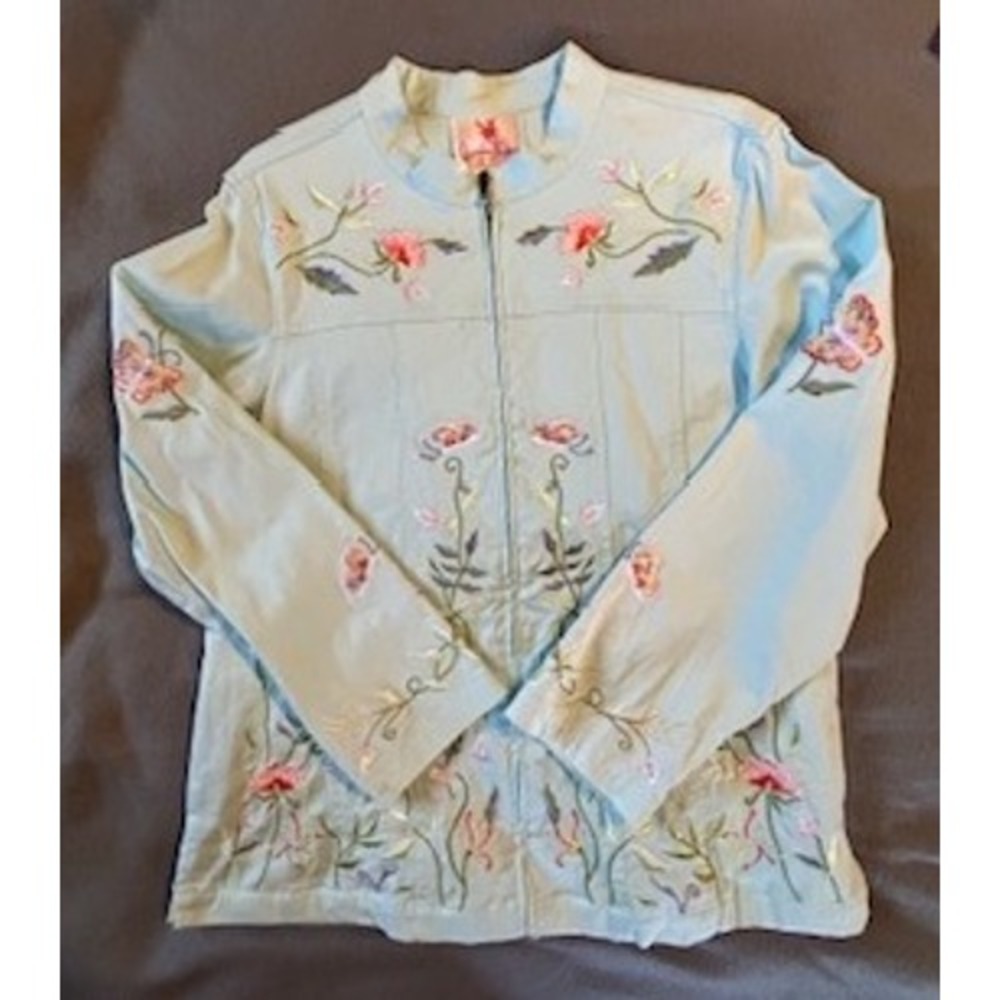 Retro‎ Quaker Factory Embroidered Jacket Floral Butterfly  Aqua Spring Medium - Picture 3 of 13